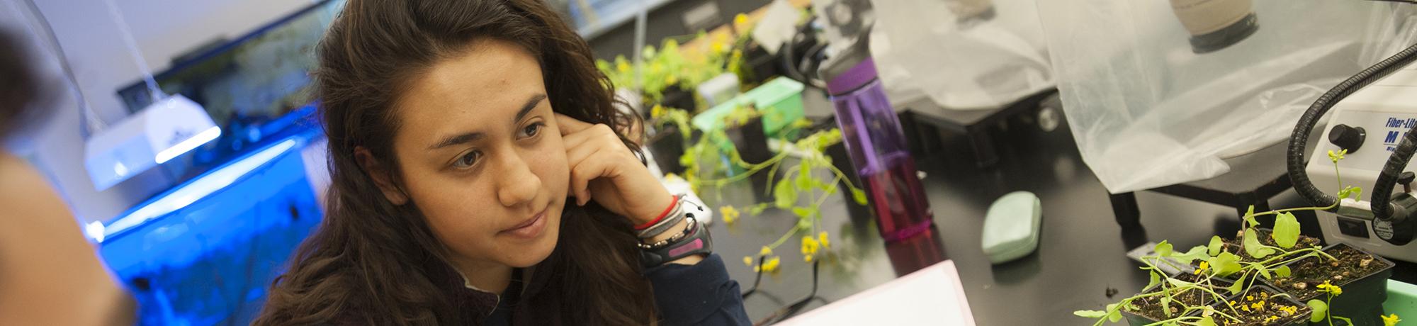 A student in a laboratory setting leans on their hand, looking thoughtful, with small plants, lab equipment, and a brightly lit workspace in the background.