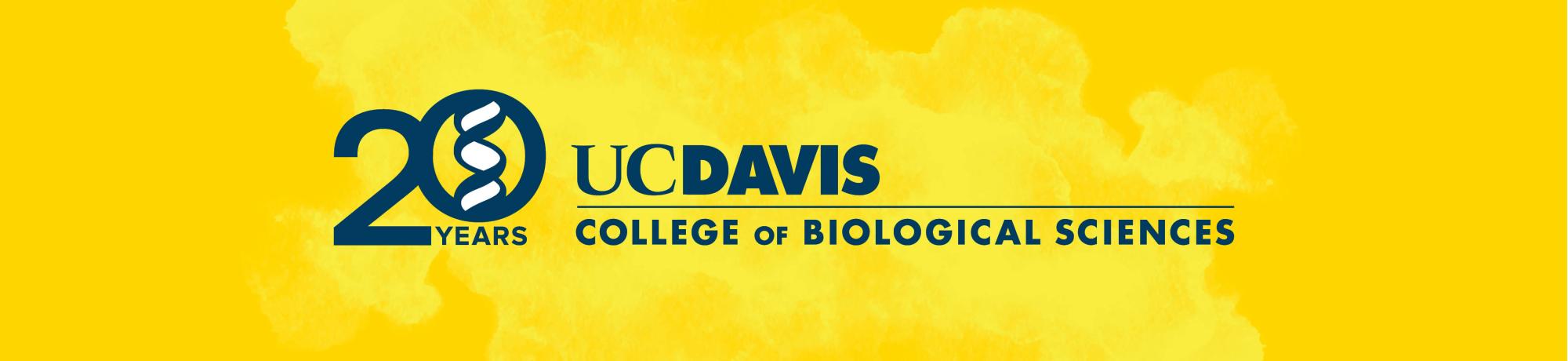 ChatGPT said:  Logo for the UC Davis College of Biological Sciences 20th anniversary featuring DNA helix within the number 20 on yellow background